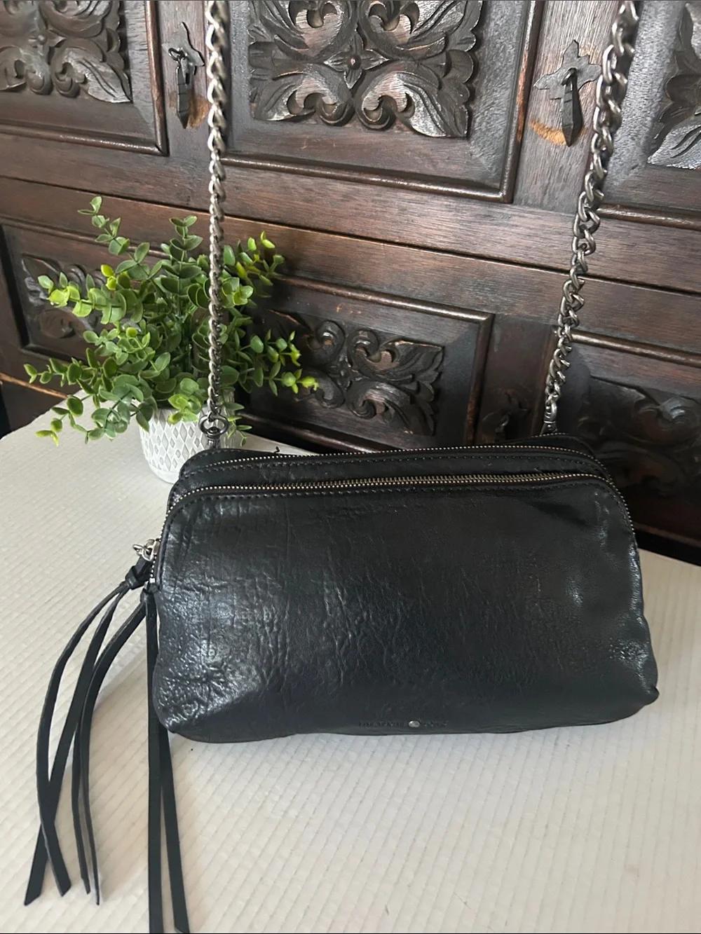 Treasure & Bond Black Leather triple -Zip Crossbody with Chain Tassel